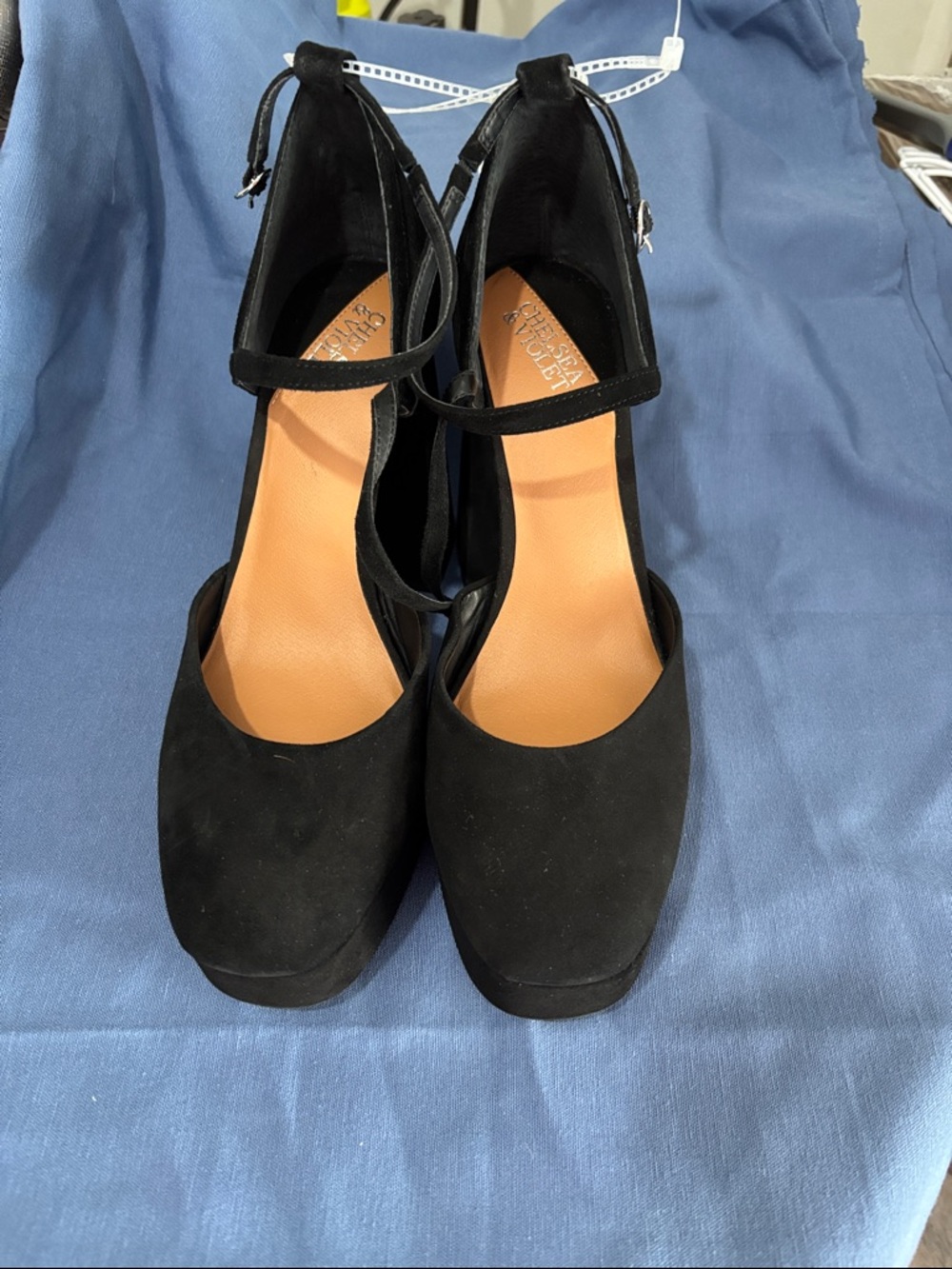 Chelsea & Violet Black Suede Platform Ankle-Strap Heels